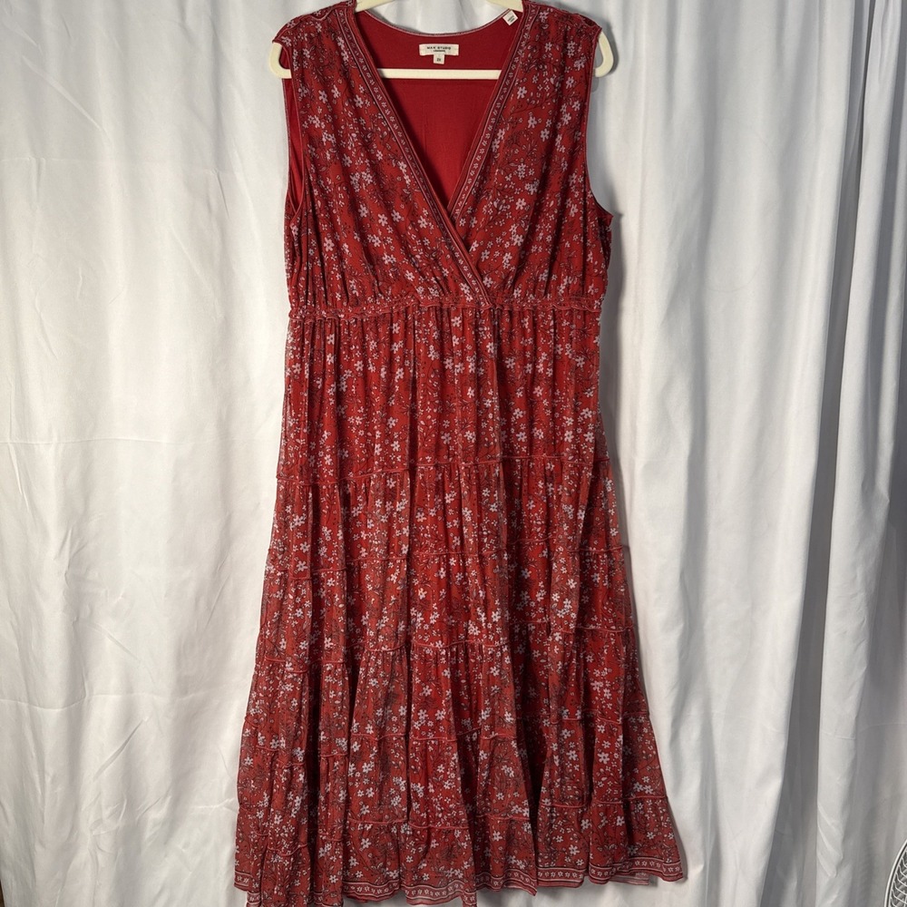 Max Studio Red Floral Mesh Midi Dress V-Neck Sleeveless Lined Stretch Ruffle 2XL